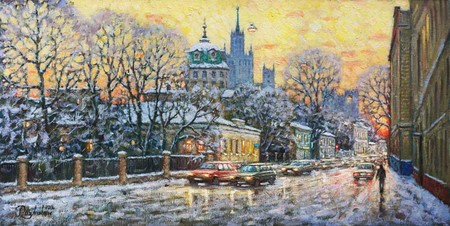 "Краски зимнего заката" 2019, Москва, Николоямская ул, х.м., 40х80см., автор Разживин Игорь, сайт: <a href="http://www.rivart.ru">www.rivart.ru</a>